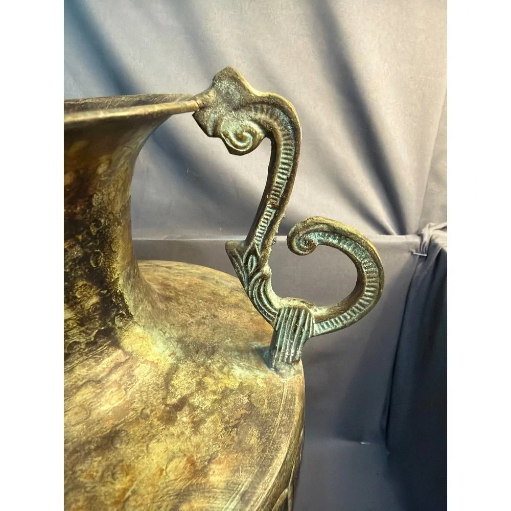Vintage Brass Urn Vase Verdigris Patina Fluted Metal Vessel Ornate Handles